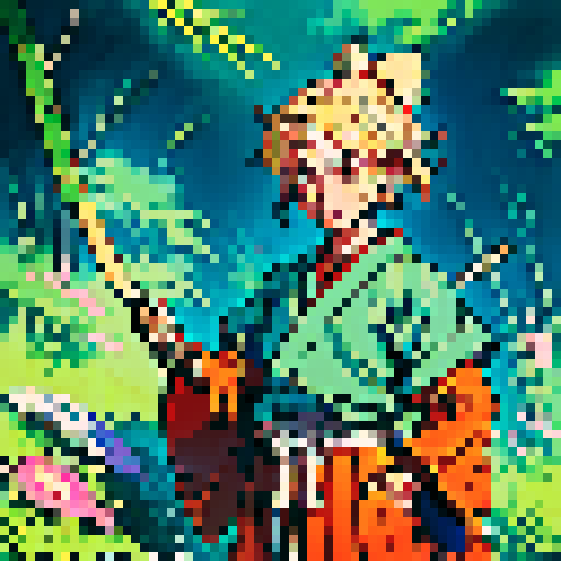 Samurai Benjie, a friendly blonde haired teenage red panda with a kind and extroverted personality. He wears traditional samurai armor adapted for a red panda—lightweight with bamboo elements and decorative accents. Benjie stands in a relaxed pose, holding his slingshot at his side. His expression is friendly and determined. The style is colorful, whimsical, and enchanting, inspired by Miyazaki films like My Neighbor Totoro or Princess Mononoke.