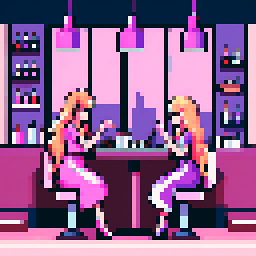 Nail tech with long blonde hair wearing a pink apron and a girl with brown hair wearing a purple dress sitting down facing each other at a table in a nail salon. 