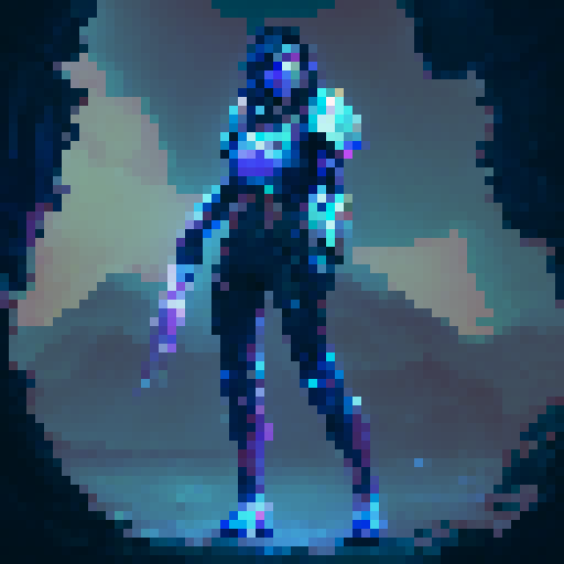 athletic female, exuding strength and agility. shoulder-length Midnight Blue hair, streaked with Royal Blue highlights. armor is a sleek combination of Dark Slate Blue and Neon Cyan, Steel Gray accents cover her gauntlets and shin guards, Charcoal Black underlayer. glowing Gold artifact on chest and Blue visor. utility belt, in Dark Gray with Neon Purple details, and black boots with Cyan highlights