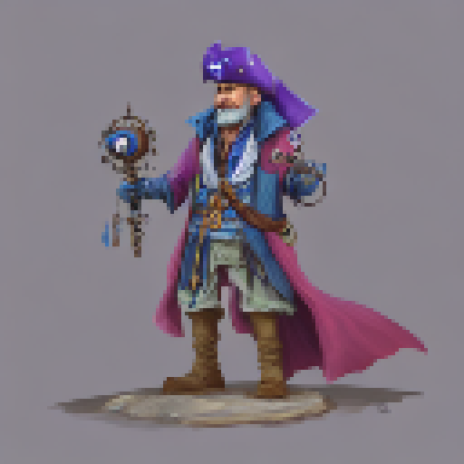 a pirate captain with a blue gemstone eyepatch covering his blind eye and a mechanical and wooden prosthetic leg. He likes to play with his blue gemstone dagger and wears a blue robe leather coat. He bullies a cthulhu-like creature that he keeps in a metal box.