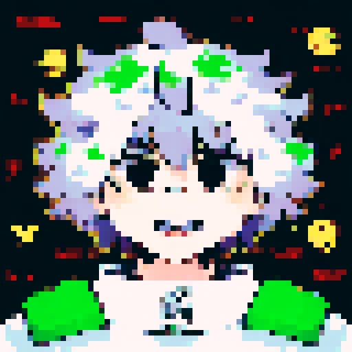 Curly-haired, freckled troublemaker with a sly grin, staring straight ahead with bright green eyes, in a retro video game style, 16x16 pixels, close up portrait