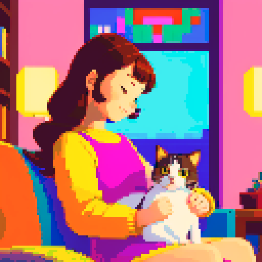 person with a cat on their lap, vibrant colors, blocky pixels, retro aesthetic, warm and cozy setting, soft lighting, expressive cat poses, meticulous attention to detail, intricate pixel patterns, nostalgic video game vibes, playful interaction between person and cat, harmonious sRGB color palette