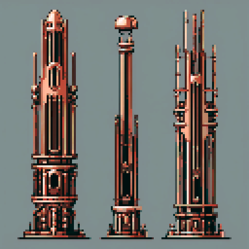 I want a tall vertical copper structure reminiscent of a organ pipe. It should have strange mechanical details that could interlock with each other. I also want this object usable an asset in a videogame, meaning only one object per image, outlined with a strong black stroke, on a solid-color background.