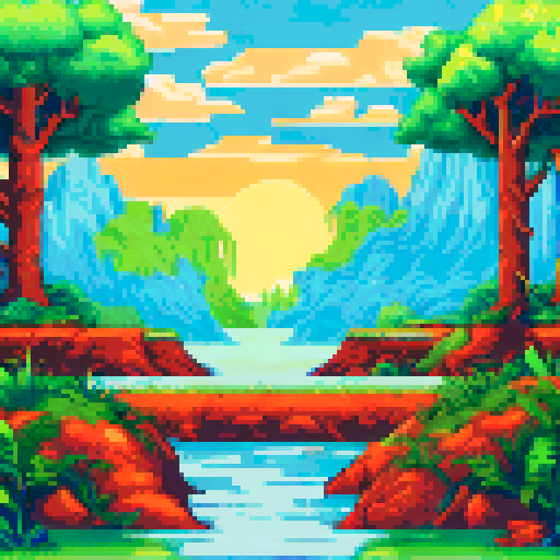 Wooden table centred, pixel art, sRGB, background with a serene landscape