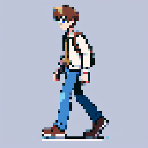 drunken 2D character walking, tall white male, blue eyes, brown hair, pale, stumbling, pixel art, sRGB