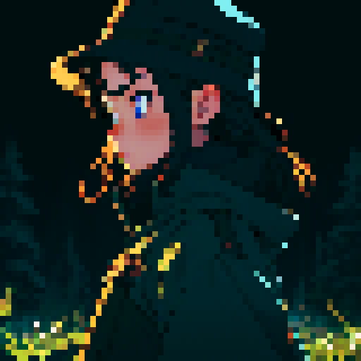 Dark night time in the forest background, Dark background, profile picture, teenage girl, rounded face, no emotion face, small blue eyes, short black hair, brown coat, brown hat, small chest