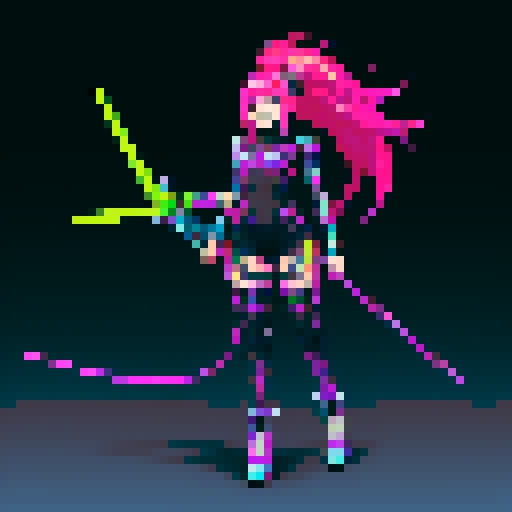cute girl with vibrant hair, and a playful smile, with a metallic cyberpunk scorpion tail as weapon