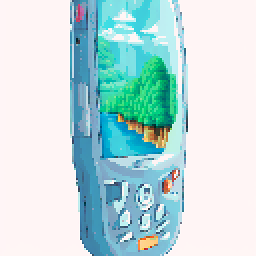 Pixelated mobile phone, its translucent body revealing a lush, green landscape in the background