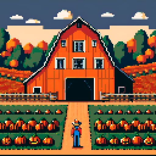 A large barn with a pumpkin patch in the background