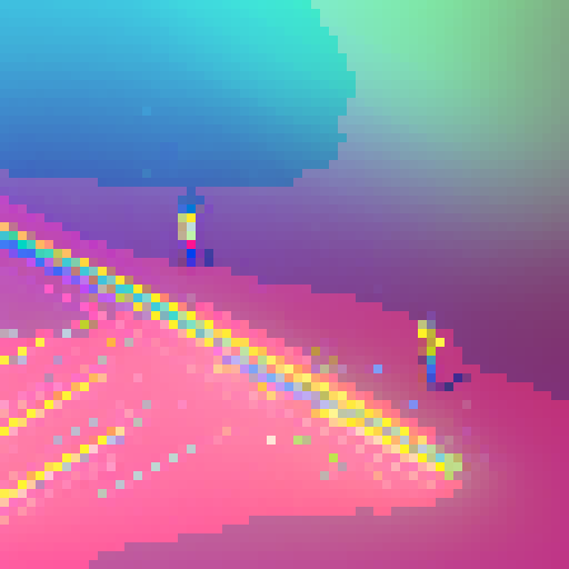Pixelated stick figures race across a glitchy, neon landscape, leaving trails of rainbow-hued exhaust behind them.