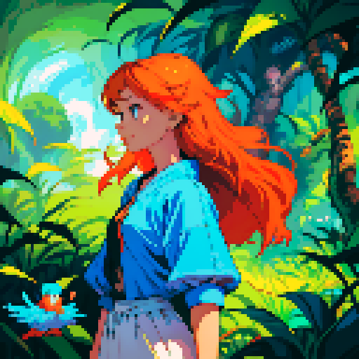 An illustration in the style of a pixel art of two people, a pixelated girl with orange hair, a pixelated girl with blue hair and a white pixelated cat, in a mysterious and primordial rainforest scene, A pixel parrot flies in the sky