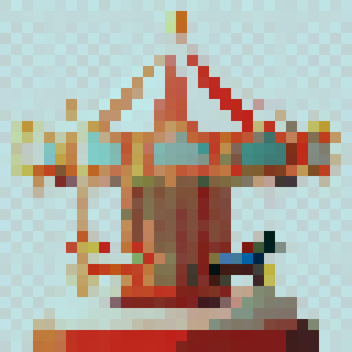 Carousel horse with vibrant colors, whimsical style, patterned saddle, flowing mane, sparkling eyes, ornate bridle, textured wood, golden accents, shining pole, skillfully crafted 32x32 pixel art, sRGB, close-up portrait of a game icon