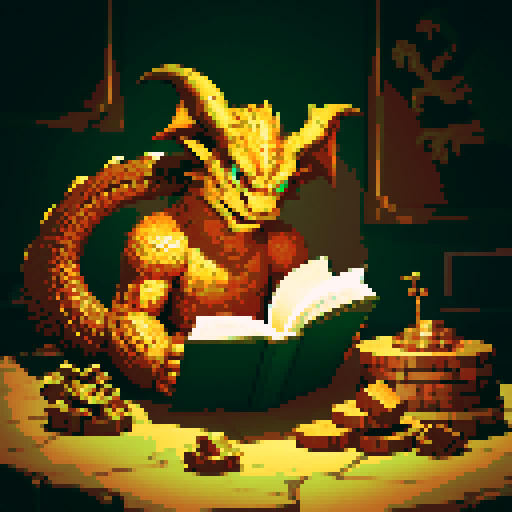 reading dragon surrounded by treasure