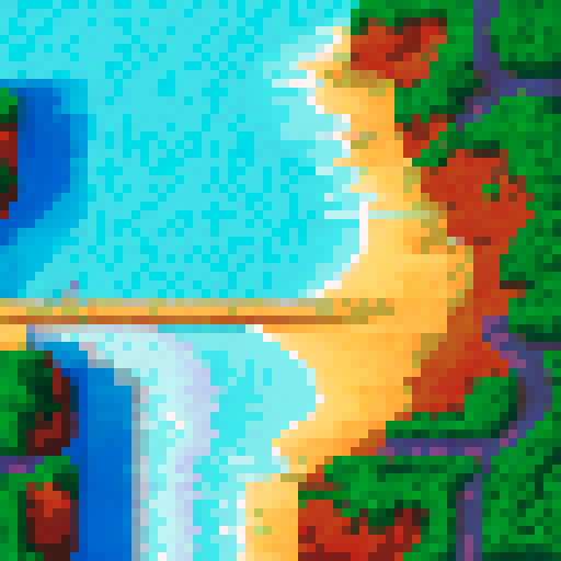 overhead view, vibrant beach, waves washing, sRGB, pixel art