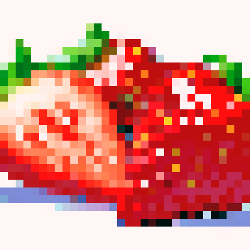 Vibrant red, juicy strawberries with green stems and leaves, rendered in pixel art style with bright sRGB colors