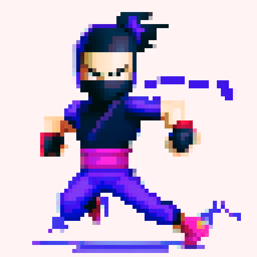 ninja jumping, vibrant colors, sharp edges, dynamic movement, 8-bit, low resolution, pixelated, contrasted shadows, intense action, bold outlines, limited color palette, retro video game style, high saturation, energetic poses, fast-paced, exaggerated motion, fluid animations