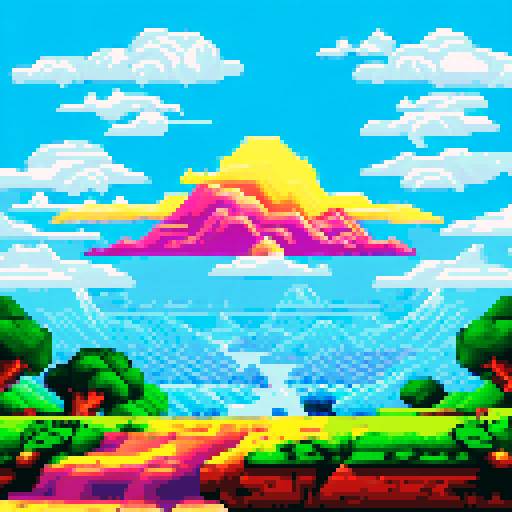 Gaming Heaven logo in pixel art with letters formed like fluffy clouds, set against a vibrant sRGB background depicting a sprawling, mountainous landscape