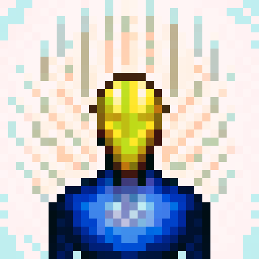 A character with a head cover, vibrant colors, stylized features, intricate details, symmetrical design, and glowing effects in a 32x32 pixel art game icon using sRGB skill art