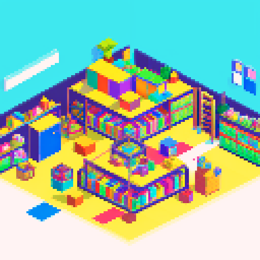 corridor, wholesale, shelves, pixel art, sRGB, vibrant colors, stacked boxes, organized chaos, geometric patterns, symmetrical layout, isometric perspective, crisp lines, limited color palette, detailed sprites