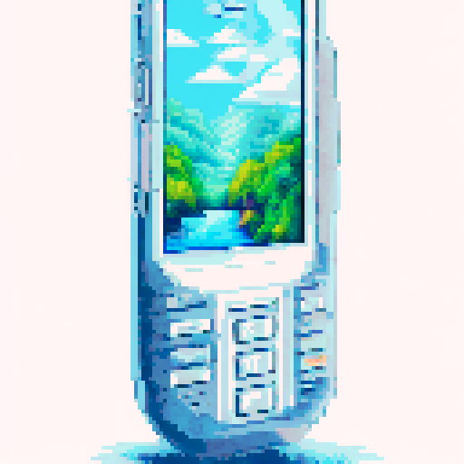 Pixelated mobile phone, its translucent body revealing a lush, green landscape in the background