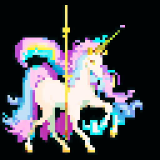 unicorn woman hybrid with cloven hooves, ethereal mane flowing, delicate golden horn, playful expression, bathed in the moons glow in a forest, clear detail, full body, pixel art style, sRGB format