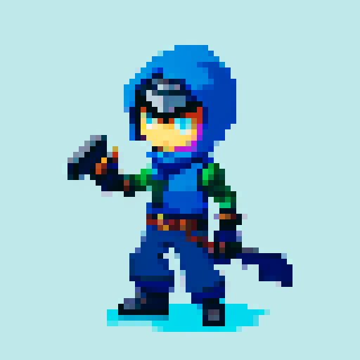 Game character rogue-like game with 2D platformer view, regular guy with weapon and hand pet, cyberpunk, gray background, 16-bit, controls time, gray background