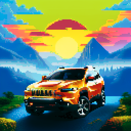 Photorealistic, centered Jeep Cherokee in a three quarter view, right wheel in front, clean background, pixel art style with sRGB colors