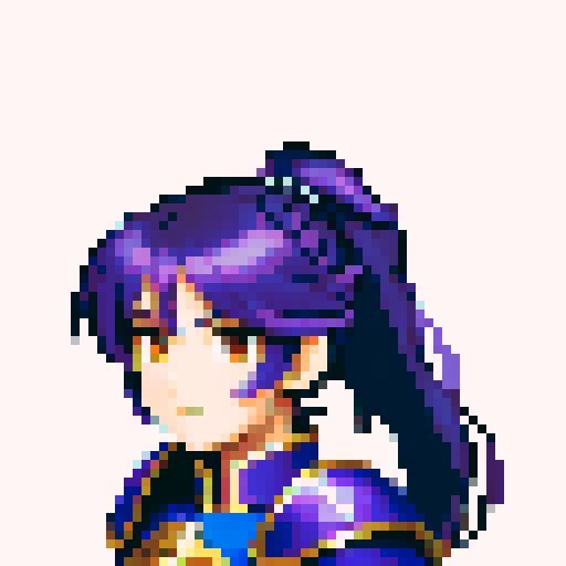 Fire emblem character, intricate armor details, 32x32 pixel art, sRGB, game icon, skill art, close up, portrait, teenage princess, blue ponytail, purple armor, 8 bit