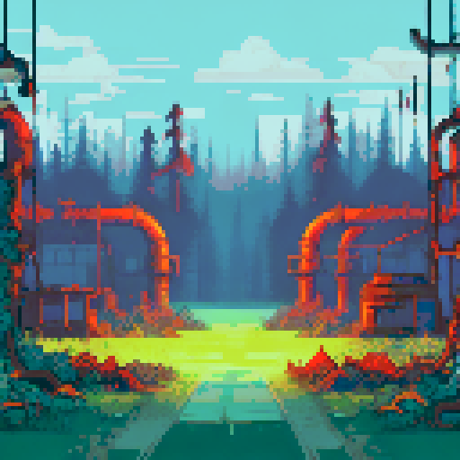 inside of post-apocalyptic factory, hidden in the woods, abandoned machinery, rusted pipes, overgrown vines, decaying buildings, shattered windows, eerie silence, nature reclaiming, vibrant pixelated colors, sRGB palette, atmospheric landscape
