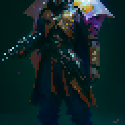 a soldier dressed in a majestic celestial cloak with vibrant and deep colors.  wielding an oversized spear that looks radioactively glowing purple.  the soldier also has full face helmet made from the same material as the spear that has a flowing mane on top of the helmet that looks exactly like the cloaks colors..