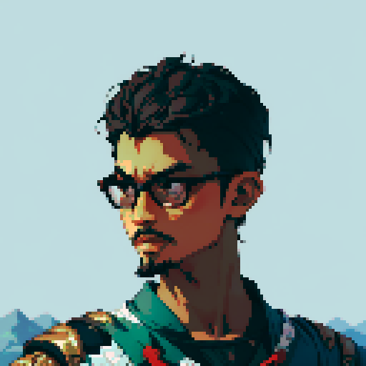 Southeast Asian man, short curly hair, round glasses, tanned, goatee, diamond shaped face, black eyes, age 25, wearing a cloaks
