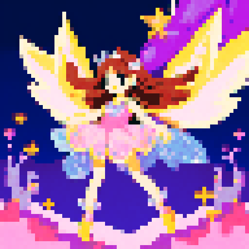 fairy girl with sparkly wings in pixel art style, surrounded by pink and purple flowy patterns, long brown hair and sparkles around her