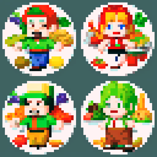   generate a sprite of a character walking left to right, then checking the fridge (fridge should be empty), then doing grocery,  then adding items to the cart and then checking out the items, then paying for the items with coins, then dicing vegetables, then boiling items, then mixing food, then serving food, then eating food, and then the character should be full.
