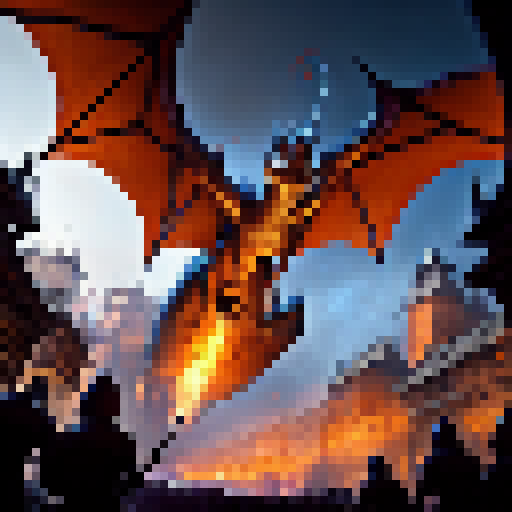 Fiery dragon swoops down, scorching cobblestone streets of bustling medieval city, while knights in shining armor raise swords to defend their kingdom in a fantastical RPG world.