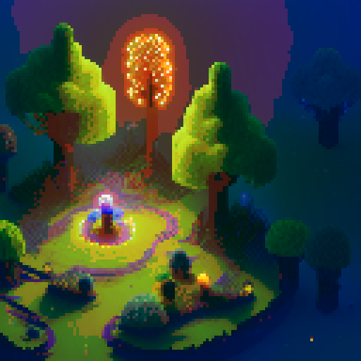 Glowing vines, pulsating with energy, wrap around a towering, gnarled tree with sparkling leaves, guarded by ethereal spirits wielding crackling lightning bolts in a pixel art landscape, with a background pulsing in sRGB hues