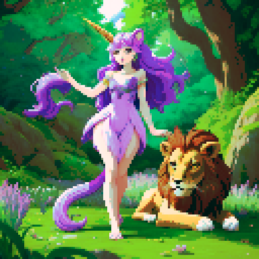 wild faun-unicorn woman, vibrant colors, playful demeanor, forest guardian, full body with a lion tail, emerald greens, pastel lavender purples, bathed in moonlight, clear details