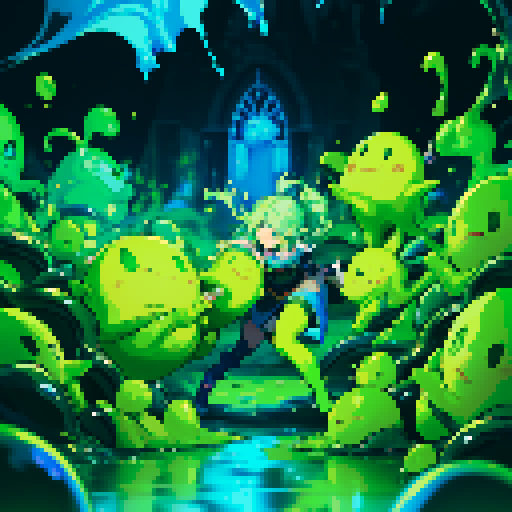 slime surging up around someone, slime engulfing a hero, slime consuming a hero, hero getting engulfed by slime, slime attack, dynamic, slime slamming into someone, impact, splashing slime, full-body image, full-body art