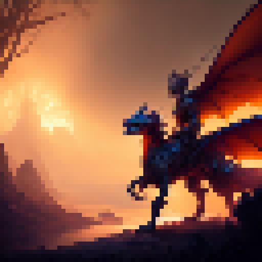 Armor-clad knight riding a fiery dragon through a misty forest with a glowing sword and a castle in the distance, all rendered in a vibrant, epic art style.