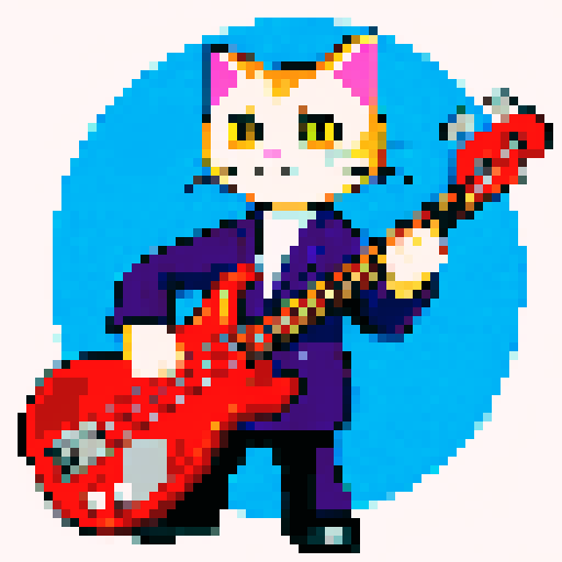 cat playing bass, meme style, pixel art, sRGB