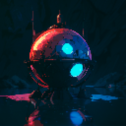Sphere robotic, metallic sheen, glowing LED lights, mechanical limbs, retro-futuristic, geometric patterns, vibrant colors, low resolution, blocky pixels, 8-bit aesthetic, pixelated details, sharp edges, crisp lines, nostalgic video game vibe

