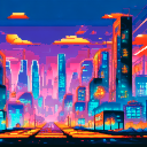 Abandoned skyscrapers looming over cracked concrete streets, rusted metal vines, and gritty neon signs, with towering vinyl platforms for survivors to navigate the desolate cityscape in vibrant pixel art
