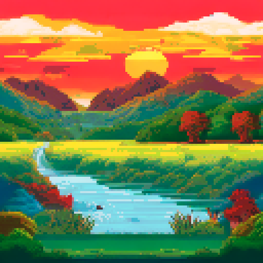 a serene landscape of trees and water, and a sunrise. use of colors of red blue yellow and green.