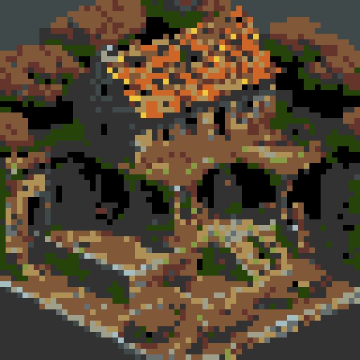 top down post-apocalyptic ancient Roman farmhouse, crumbling stone walls, overgrown vines, rusted armor, decaying wooden doors, broken pottery, moss-covered statues, collapsed roof tiles, dilapidated furniture, flickering torches, eerie shadows