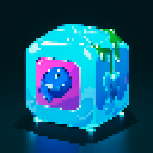 slime growing, expanding, blue gelatinous cube, skill icon, symbol, pixel art, sRGB