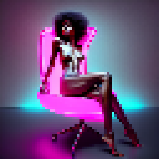 Makima, alluring and confident, perches nude atop a sleek black chair, her form illuminated by a neon pink glow, beckoning to the viewer in a hyperrealistic digital art style.