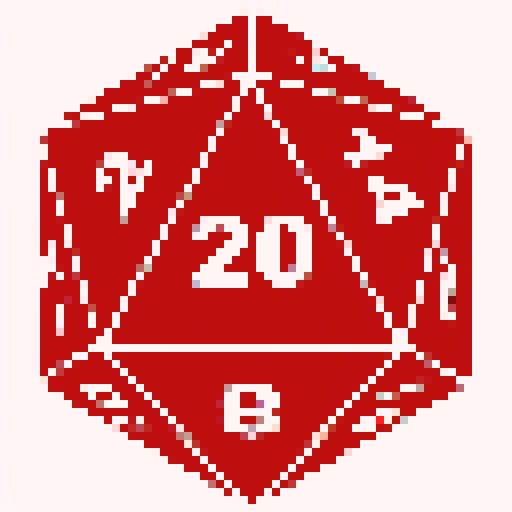 Create a pixel art illustration of a RPG D20 dice with a medieval helmet placed on the top face of the dice, and a sword crossing diagonally over the dice, forming an 'X' shape. The dice should have 20 triangular sections, each numbered from 1 to 20. The helmet should resemble a traditional knight's helmet with detailed features. The sword should have a hilt, guard, and blade with a metallic look.