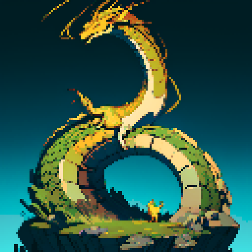 dragon with shimmering scales, hoard of gold coins glimmering in the background, dragon leisurely lounging on top of a massive pile of gold coins, dragon's majestic form taking up the full canvas with intricate pixel art details in a vibrant sRGB color palette, dragon is gold colored