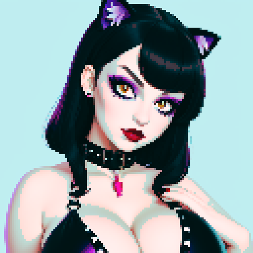 Cat girl, curvy, cute goth woman with black hair, purple eyeshadow, and red lipstick, wearing a bikini, studded collar, portrait, face avatar, in a glamour shot, sRGB color