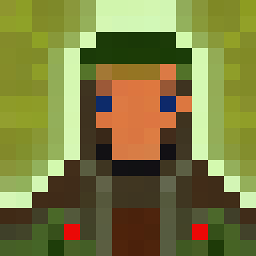 Green and brown pixelated archer, in a close-up portrait, with a game icon style, showcasing their bow and arrow.