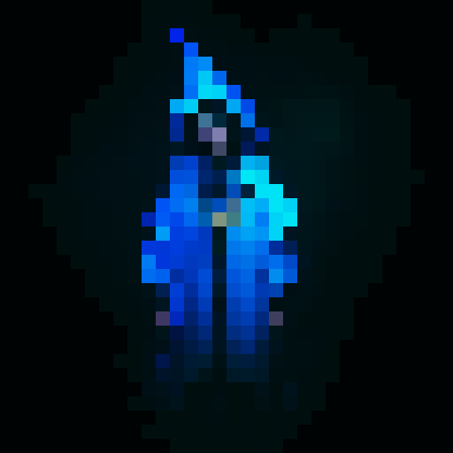 wizard with blue robes, blue wizard hat, brown staff, golden necklace with sun pendant, fantasy RPG